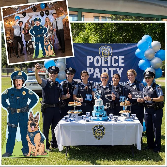 Amyhill Police Theme Party Decoration 4.9 ft Policemen with Dog Cardboard Photo Prop Officer Cutout Stand-up Life Size Backdrop for Police Theme Birthday Party Supplies Celebrations Memorial Event
