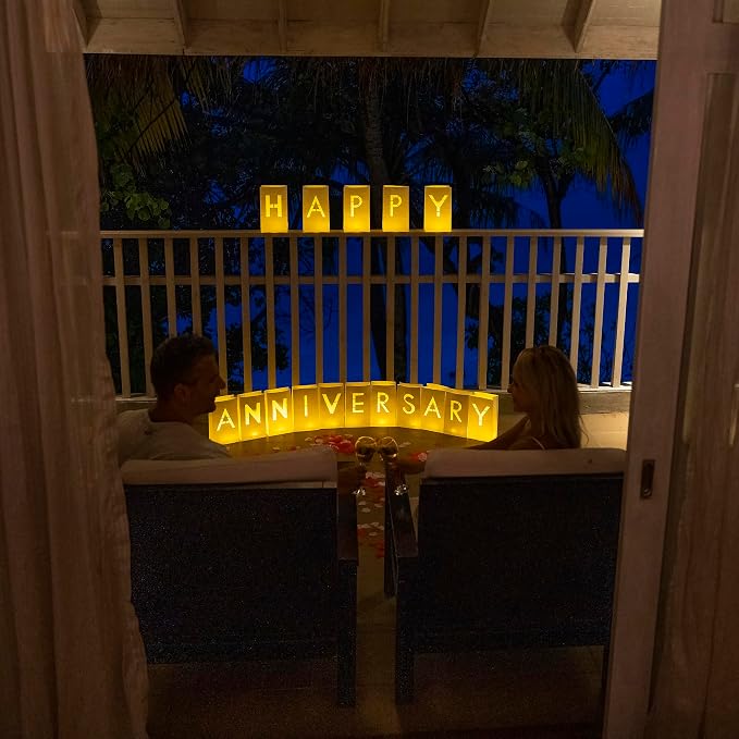 WYMM Happy Anniversary Decorations Light up Letters with 30 Tea Lights Candles and 2000 Rose Petals Included - Luminary Paper Bags to be Used as Happy Anniversary Banner and Anniversary Decorations