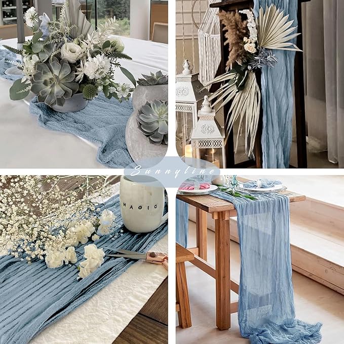 12 Pcs Dusty Blue Cheesecloth Table Runner 10FT Runner for Tables 35 x 120 Inches Long Gauze Boho Fabric Table Runner Decoration Rustic Sheer Runner for Wedding Birthday Baby Shower Party (Dusty Blue)