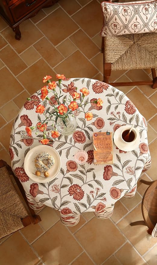 ISAENNE Designer French Linen Round Tablecloth,Diameter 67"-Alvarado D | Vintage Elegant Beautiful Table Cloth,Orange Floral Pattern,Heavyweight,Dining Room,Tea Party,Kitchen,Thanksgiving,Decor