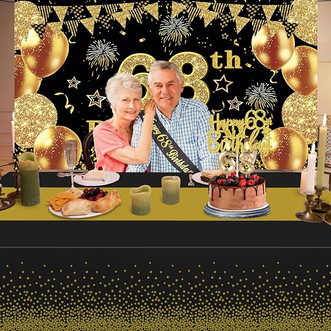 68th Birthday Decorations Men Women with 68th Birthday Banner, Black and Gold Table Cloth, Number Balloons, Sash, Cake Topper and Candles