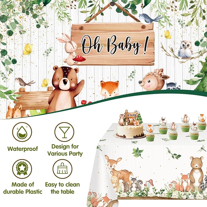 Woodland Baby Shower Decorations Neutral - Forest Animals Party Supplies Include Balloon Garland Arch, Oh Baby Backdrop, 4 Wood Grain Boxes, Fox Deer Raccoon Foil Balloons - Sage Green Gold