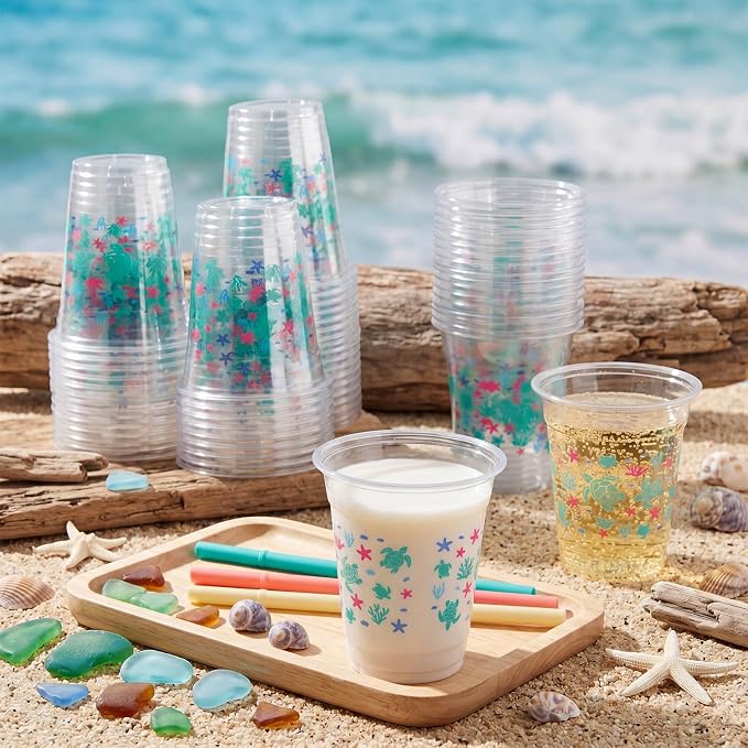 Funnymoom 60 Pack Sea Turtle Plastic Cups 12 oz Ocean Turtle Disposable Clear Plastic Drinking Cups for Marine Animals Ocean Seashell Summer Birthday Themed Party Decorations Supplies