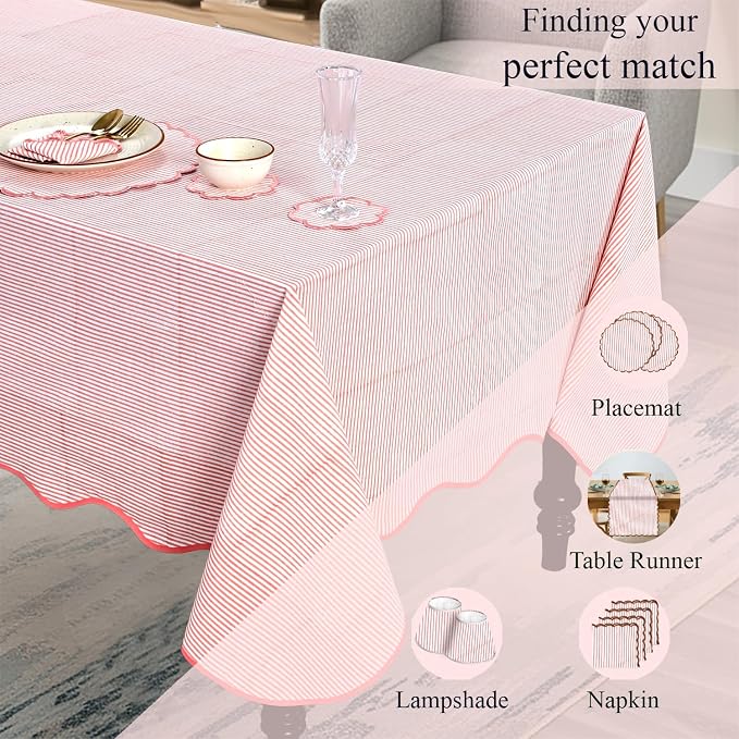 Ridhi Blush Coral Stripe Block Print 70x108 Rectangle Tablecloth Table Cover for Dining Tables, Handcrafted Farmhouse Kitchen Decor, Washable, Decorative Tablecloths for Spring, Easter, Valentine