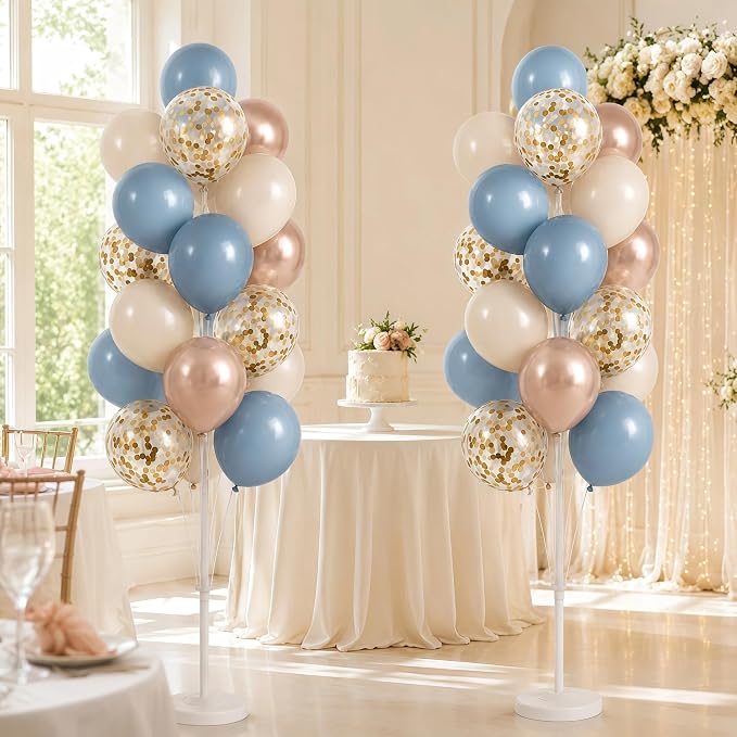 HIINS Balloon Column Kit Set of 2 with Dusty Pastel Blue Gold Balloon Base&Pole,Balloon Tower Backdrop Decoration for Wedding, Baby Shower, Birthday Party, Bridal Engagement