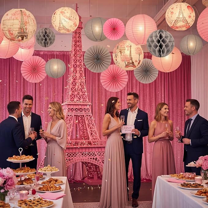 Retisee 18 Pcs Paris Party Decorations Eiffel Tower Theme Hanging Paper Lanterns Pink Grey Honeycomb Fans Honeycomb Ball for European City Landscape Pink Theme Party Birthday Ceiling Decor Supplies