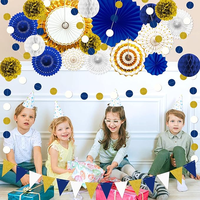 Navy Blue and Gold Graduation Party Decorations 23pcs Navy White and Gold Baby Shower Boy Birthday Decor for Kids Man with Hanging Paper Fans, Pom Poms Flowers, Garland String Polka Dot Packs