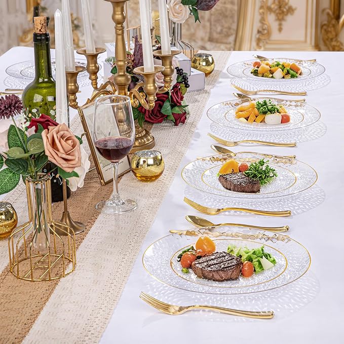 Rubtlamp 30Guest Plastic Gold Dinnerware Set, Gold Plastic Plates, Heavy Duty Disposable Dinnerware Include 30 Dinner Plate,30 Dessert Plates, 90 gold Silverware