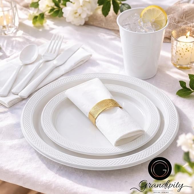 350 Piece WHITE Disposable Dinnerware Set 50 Guests, Plastic Party Plates And Cups And Napkins Sets - 50 Count 9" Dinner Plates, 7" Dessert Plates, 12oz Cups, Paper Napkins, Forks, Knives & Spoons