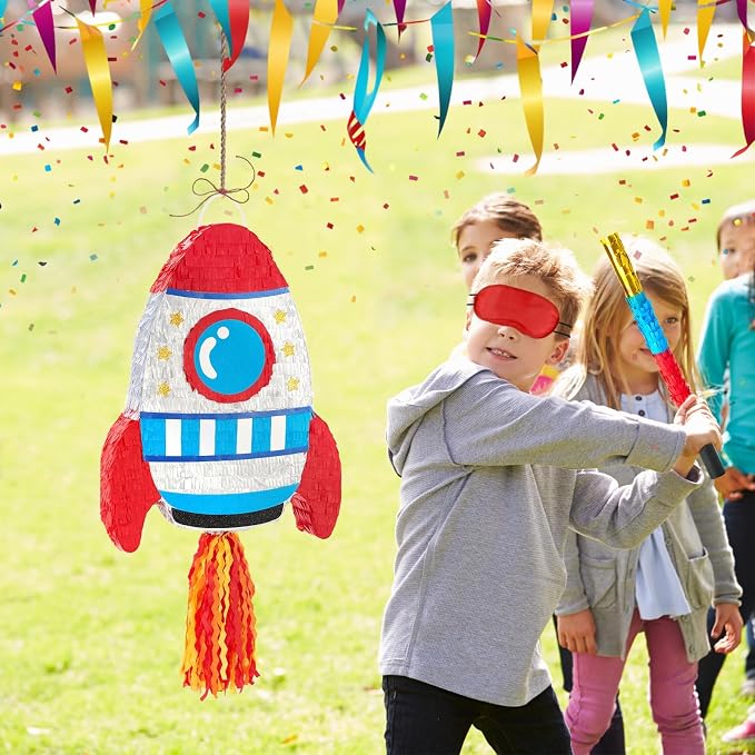 WERNNSAI Rocket Piñata - Rocket Ship Piñata Bundle with Blindfold and Bat Space Birthday Party Decoration for Boys Kids Family Games Space Ship Theme Party Supplies