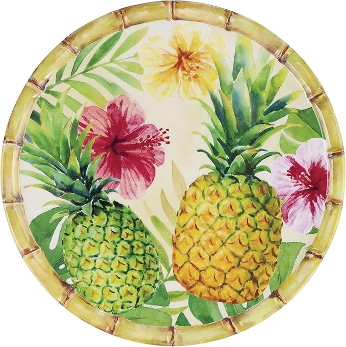 UP UPware Pineapple Melamine Dinner Plate Set, Round Plates with Bamboo Edge for Main course, Pasta, and Salad, BPA-Free, Dishwasher Safe, Multicolor, 11 Inch, Set of 6