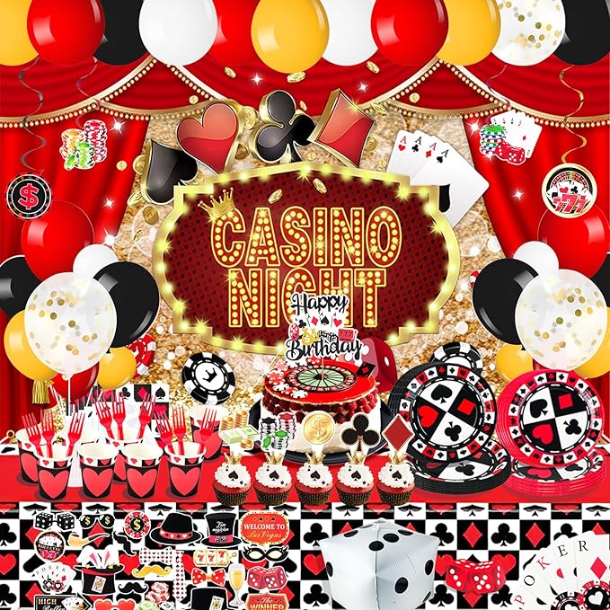 175Pcs Casino Party Decorations Set, with Plates Cup Tableware, Casino Backdrop, Foil Balloons, Balloons Stand, Birthday Banner, Cake Topper, for Las Vegas Poker Casino Night Party Supplies
