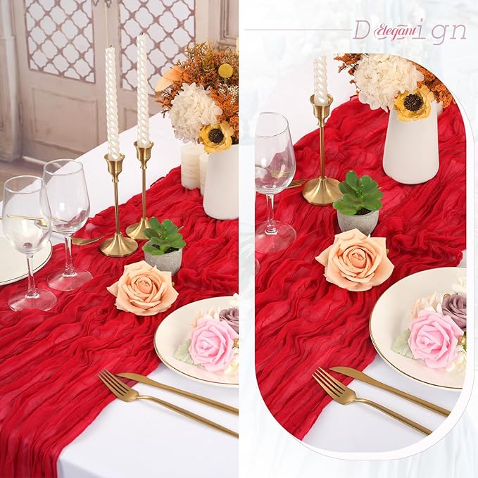 24 Pack Christmas Table Runner 10FT Red Cheesecloth Table Runner 35 x 120 Inch Long Semi-Sheer Gauze Fabric Boho or Rustic Wedding Table Decor for Bridal Shower Baby Shower Holiday Party