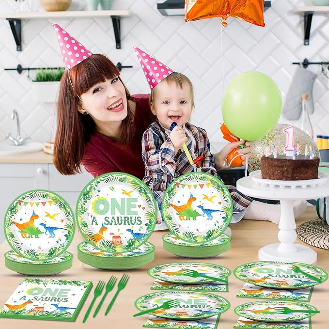 Chunnin 96Pcs One A Saurus Birthday Party Plates and Napkins Dinosaur First Birthday Decorations Tableware Set for 24 Guests Boys Kids Dino Party Supplies