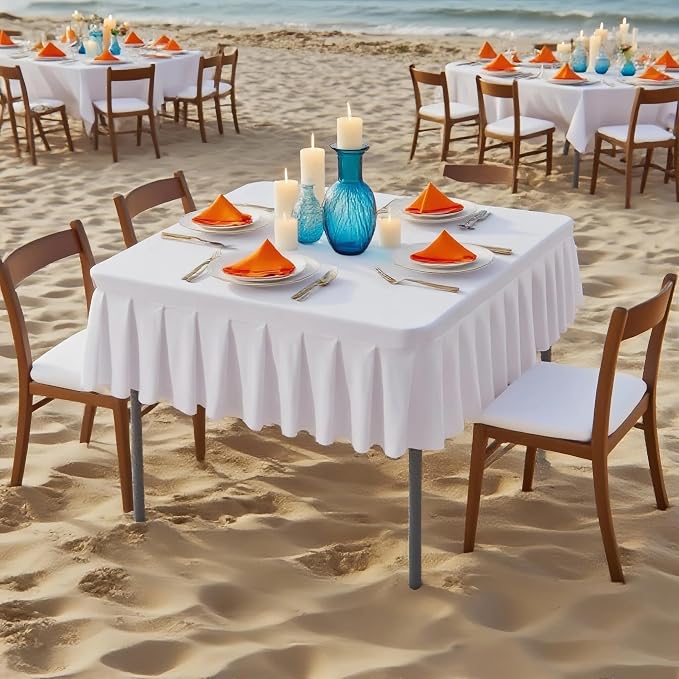 Wish Care 4 Pack White Spandex Tablecloths for 34x34 Inch Square Tables, Stretch Fitted Table Clothes with Pleated Ruffle Skirt for 34” Table, Wrinkle Free and Elastic, for Party Kitchen Home Dining