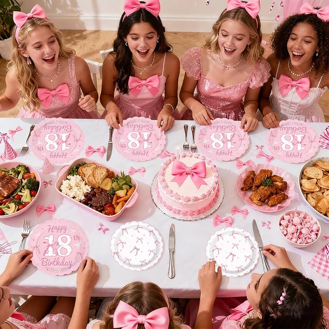 96Pcs Pink Bow Party Supplies Coquette 18th Birthday Party Plates and Napkins Disposable Bow Themed Tableware Set for Girl Happy 18th Birthday Graduation 2026 Decorations, Serves 24
