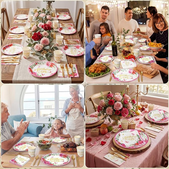 Pajean 350 Pcs Happy Mother's Day Party Decorations with 12 inch Disposable Oval Plates and Napkins Knives Flowers Design Heavy Duty Paper Tableware Set for 50 Guests Mother's Day Party Supplies
