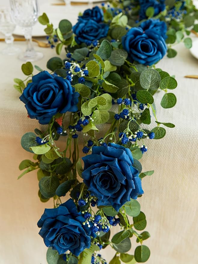 Anna's Whimsy 5.91FT Artificial Eucalyptus Garland with Flowers, Fake Rose Gypsophila Garland, Faux Floral Garlands for Wedding Spring Home Party Craft Art Table Runner Decor (Blue, 1)