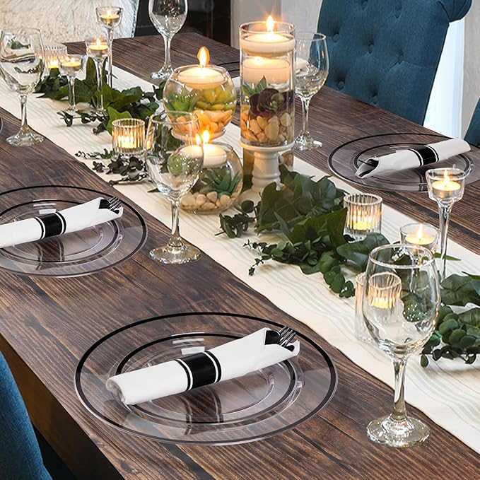 Goodluck 350 Piece Black Plastic Dinnerware Set for Party, Clear Disposable Plates for 50 Guests, Includes 100 Plates, 50 Pre Rolled Napkins with Cutlery Set, 50 Cups, for Graduation Party, Wedding