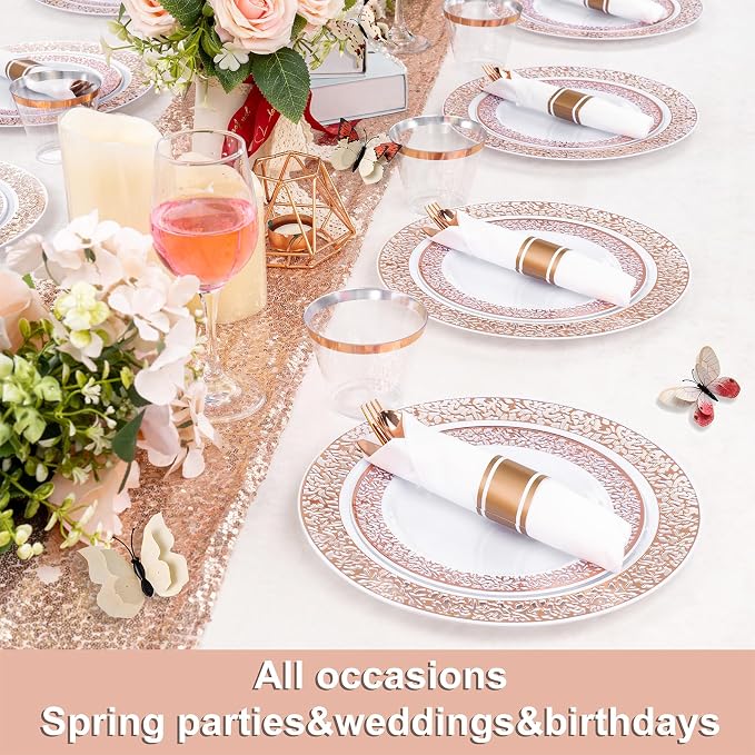 WELLIFE 350 PCS Rose Gold Disposable Dinnerware Set for 50 Guests, Disposable Rose Gold Lace Plates, Include:50 Dinner Plate, 50 Dessert Plates, 50 Pre Rolled Napkins with Silverware and 50 Cups