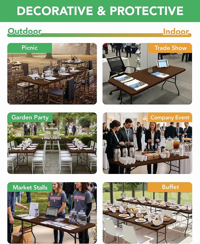 KeyWave Fitted Tablecloth Rectangle Table Cloths - 6 Pack 8 Foot Elastic Stretch Folding Table Top Cover Water-Resistant Reusable for Outdoor Picnic Camping Party Event, Brown, 96" L x 30" W