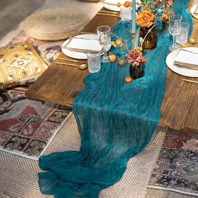 10 Pack Teal Cheesecloth Table Runner 17x108 Inch Semi Sheer Boho Rustic Gauze Cheese Cloth Table Runners for Wedding Party Birthday Baby Shower Home Décor