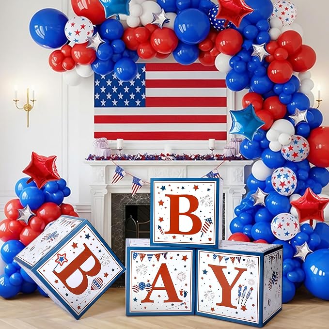 Vicenpal Red White and Blue Baby Shower Boxes with Letters Patriotic Decorations Gender Reveal Decoration Photo Prop Set of 4
