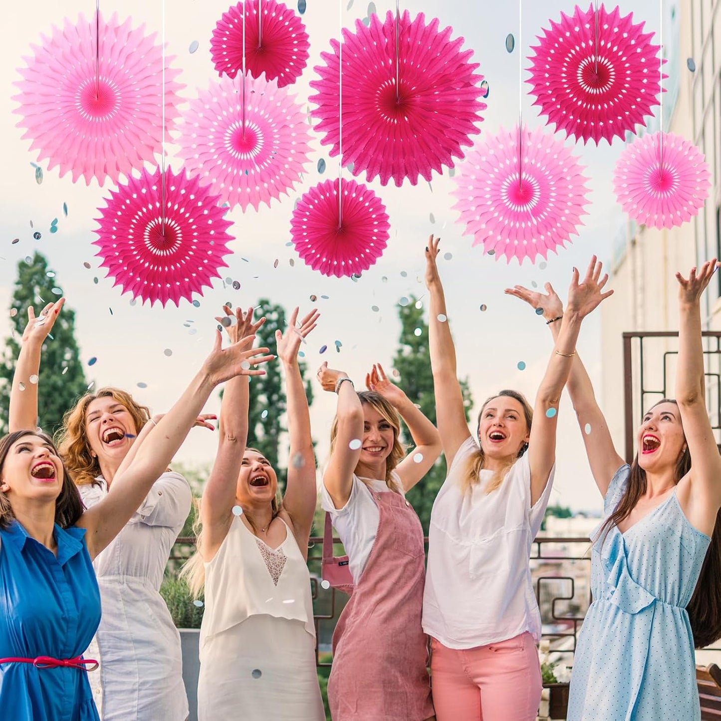 Outus 12 Pcs Hanging Honeycomb Paper Fans Sets, Fiesta Hot Pink Party Decorations, Tissue Paper Flowers Supplies for Birthday Wall Classroom Wedding Photo Backdrop (8/12/16 Inch)