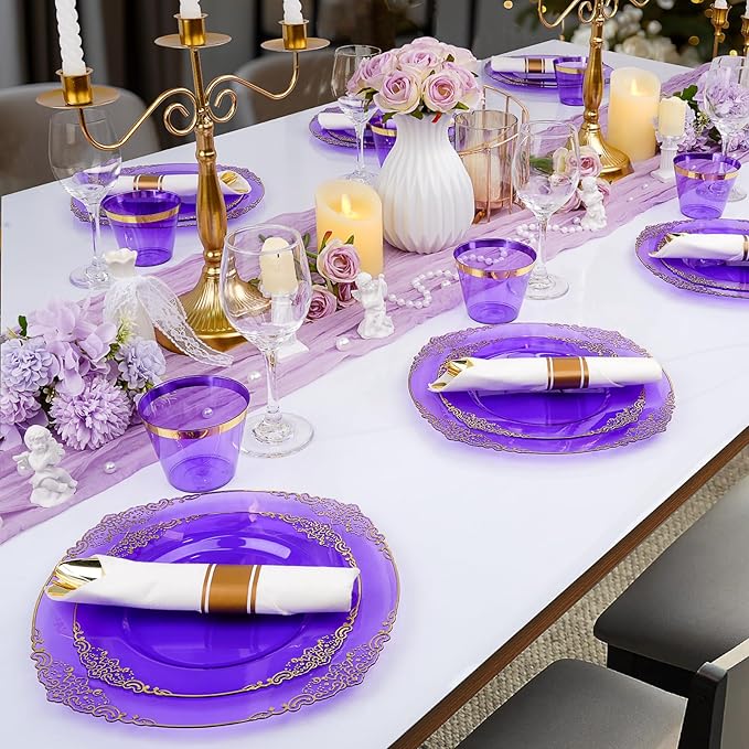 Bestluck 350 PCS Purple and Gold Plastic Plates, Disposable Dinnerware Set for 50 Guests, 100 Disposable Plates, 150 Silverwares, 50 Cups, 50 Napkins for Party, Wedding, Graduation