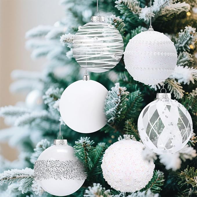 Lyrow 12 Pcs 4 inch Christmas Balls Ornaments Glitter Shatterproof Christmas Decorations Tree Balls Sparkly Holiday Ornaments Bulk for Xmas Trees(White, Silver)