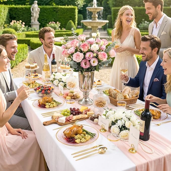 N9R 180 PCS Disposable Dinnerware Set with Gold Rim for 30 Guests, Pink Plastic Plates Include 30 Dinner Plate, 30 Dessert Plates, 30 Cups, 90 Heavy Duty Gold Plastic Silverware for Party & Wedding