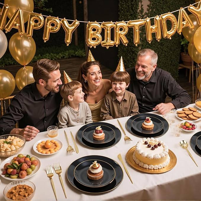 bUCLA 150PCS Black and Gold Plastic Plates - Black Gold Plastic Dinnerware Set Disposable - Include 25 Dinner / 25 Dessert Plates, 25 Knives, 25 Forks, 25 Spoons, 25 Cups, Ideal for Party & Graduation