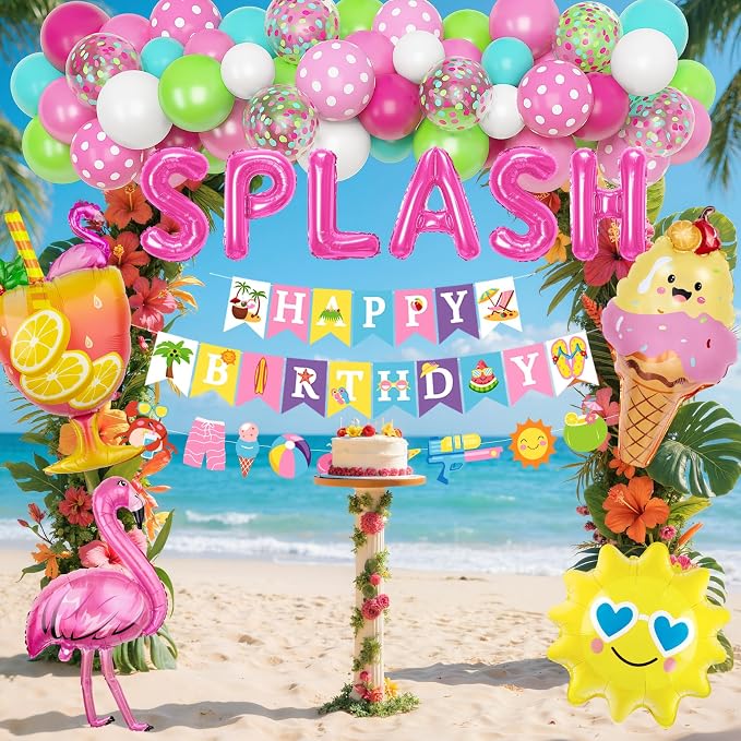 Summer Pool Beach Party Decorations, Splash Birthday Bash Party Supplies Tropical Summer Banner Beach Ball Lantern Fringe Curtain Foil Balloons Arch for Girls Swimming Luau Hawaiian Party Decor(Pink)