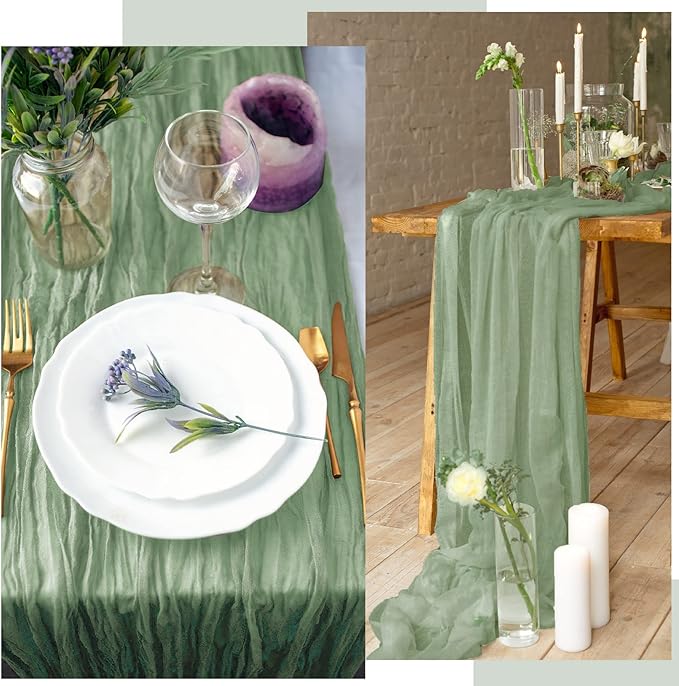 Foaincore 12 Pack Green Table Runner 10Ft Boho Gauze Cheesecloth Table Runner 120" Long Cheese Cloth Romantic for Wedding Bridal Baby Shower Arbor Decor