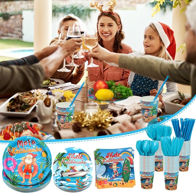 Weewooday 400 Pcs Christmas Tableware Disposable Set Mele Kalikimaka Decorations July Summer Christmas Paper Plates Cups Napkin Plastic Knife Spoon Fork Straw for Kalikimaka Hawaiian Party Supplies