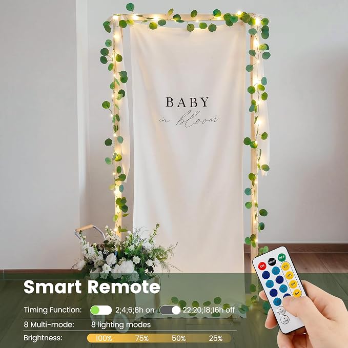 HEYFUNi 13FT Eucalyptus Garland with Lights & Remote, USB & Battery | 40 Warm White LEDs, Fake Eucalyptus Vine with Fairy Lights, Timer, 8 Modes, Dimmable For Bedroom Wall, Dorm, Wedding Decor