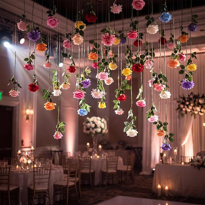 Lyrow 120 Pack Artificial Flower Hanging Flowers Ornament Floating Garland Ceiling Strings for Wedding Anniversary Engagement Marriage Proposal Floral Birthday Party Decor (Rose,Colorful)