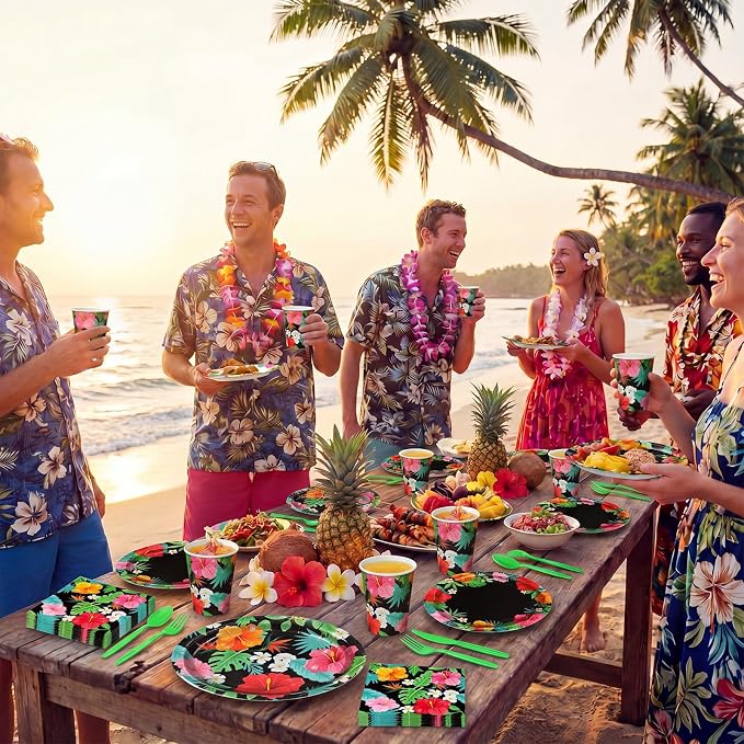 Pajean 350 Pcs Hawaiian Luau Party Supplies 12 in Disposable Tropical Aloha Oval Plates and Napkins Set Hibiscus Floral Heavy Duty Paper Tableware Set for 50 Guests Summer Pool Beach Party Decorations
