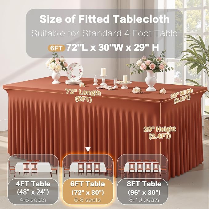 6 Packs Terracotta Spandex Table Cloths 6 Foot, Fitted Stretch Table Cover with Skirts 30x72 Inch, Wrinkle-Free Floor Length Tablecloths Rectangular for Weddings Parties Banquets Events Decorations