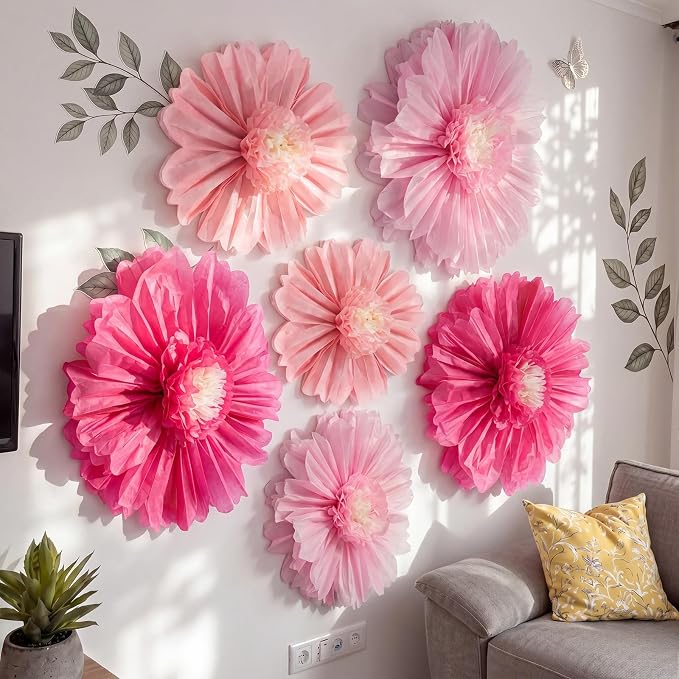Giegxin 6 Pcs 31.4", 24" Pink, Rose Red Giant Paper Flowers Big Pink Tissue Flowers for Wall Decorations Jumbo Crepe Floral for Wedding Tea Party Baby Shower Classroom Bulletin Board Birthday Backdrop