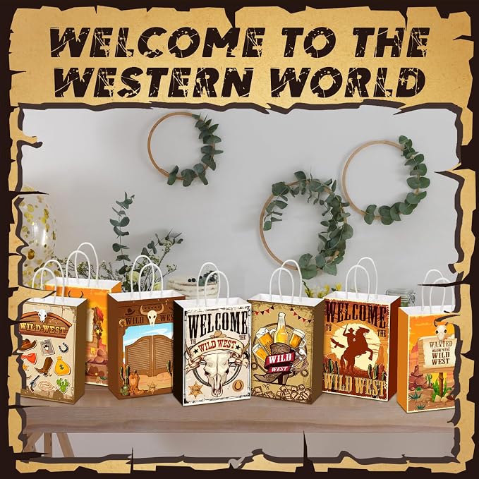 Outus 48 Pcs Cowboy Party Favor Bags Western Paper Gift Goodie Candy Treat Bags Bulk with Handle Wild West Rodeo Bag Gift Treat Wild West Pouch for Cowgirl Birthday Party Supplies Favors