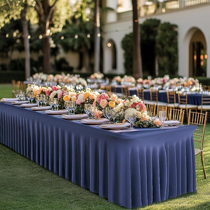 leegleri 6 Pack Navy Blue Spandex Table Clothes for 6 Foot Rectangle Tables, Wrinkle Free Fitted Table Cover 6ft Stretch Tablecloths with Skirt for Parties Weddings Birthday Banquet Baby Shower