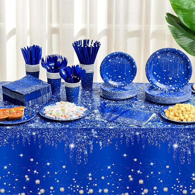 Funnymoom 452 Pcs Navy Blue Birthday Party Decoration Include Royal Blue Paper Plates Diamond Napkins Cups Tablecloth Cutlery Straws Tableware for Birthday Baby Shower Graduation Party Supplies