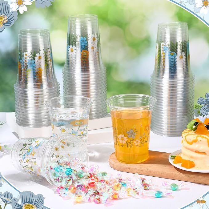 Hushee Blue Boho Floral 60 Pcs Party Cups 16 oz Plastic Disposable Drinking Cups for Birthday Love Baby in Bloom Baby Shower Summer Fresh off The Market Bridal Shower Decorations Supplies