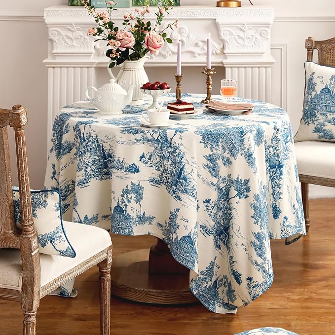 patdrea Elegant French Linen Tablecloth,Rectangular,71"x55"-Lucerne A | Vintage Elegant Table Cloth for Rectangle Table,Blue and White Chinoiserie Print,for Dining Room Tea Party Thanksgiving