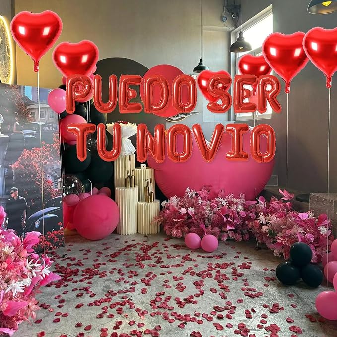 2 Set Red PUEDO SER TU NOVIO Balloons - 1200pcs Red Artificial Rose Petals 30pcs 16" Letter Balloon 10pcs 18" Heart Balloons Alphabet Foil Mylar Balloon for Valentines Day Decorations