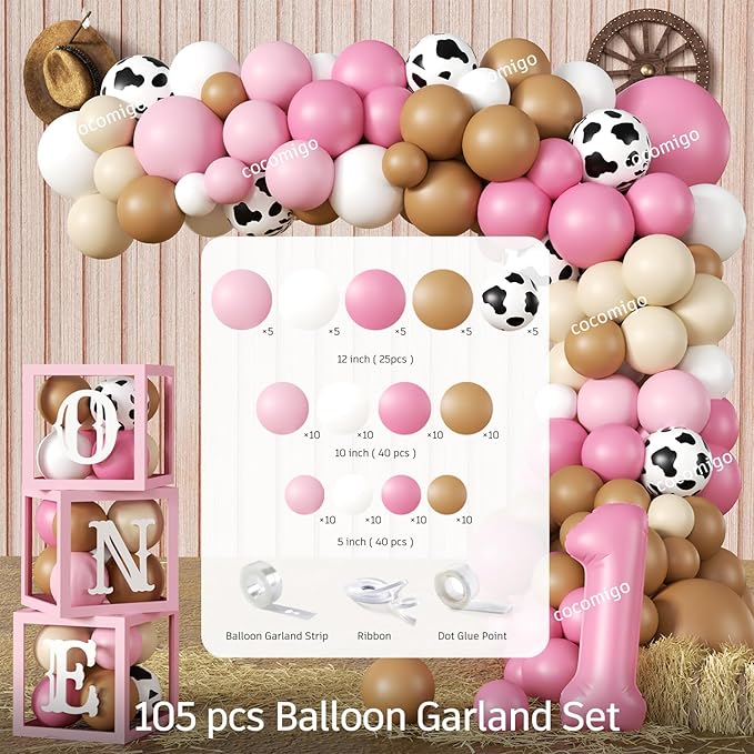 Cocomigo 272 PCS My First Rodeo Decorations Girl, First Rodeo Birthday Decorations Girl Party Supplies with Balloon Garland, Backdrop, Tableware for 25 Guests, High Chair Banner, Balloon Boxes