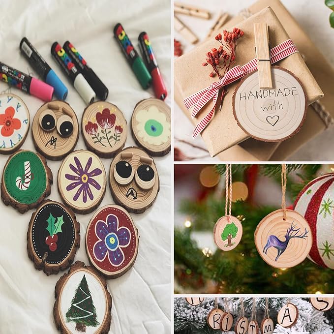 Wood Slices 54 Pcs 2.8-3.1 Inches,Wood Slices for Crafts with Hole,Small Wood Cookies,Natural Wood Slices for DIY Rustic Candle Holders/Wedding/Christmas. 
