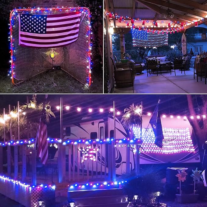 JMEXSUSS 2 Pack Red White and Blue Solar Lights, 200LED 75.5ft Patriot Solar String Lights Outdoor Waterproof, 8 Modes 4th of July Light for Independence Day Patio Garden Tree Decorations