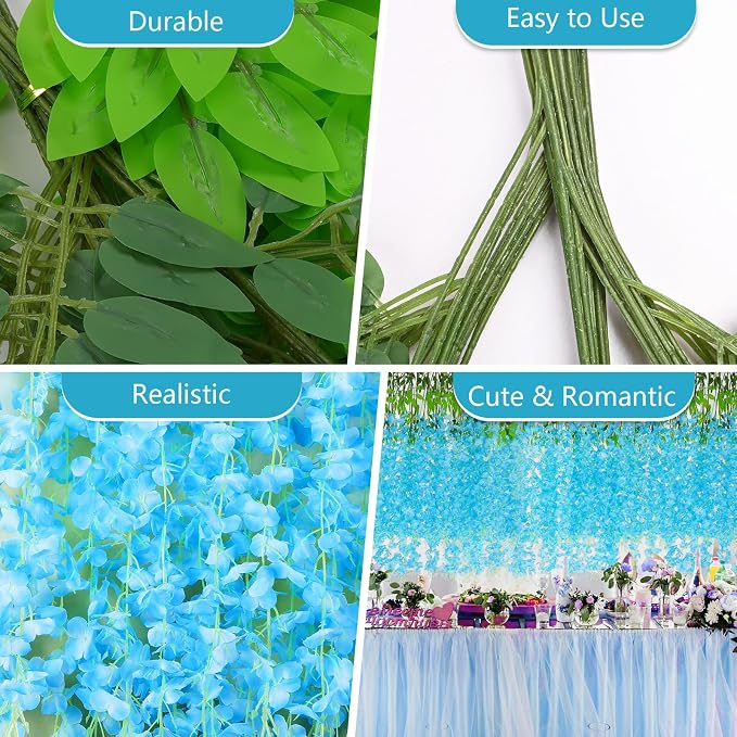 48Pcs Artificial Wisteria Hanging Flowers, 3.6Ft/Pcs Blue Fake Wisteria Garland for Wedding Party Home Garden Indoor Outdoor Decoration